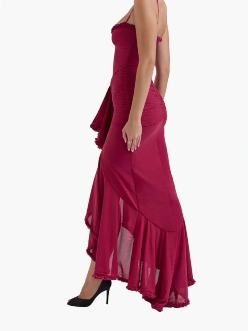 House of Cb “Gabbi” Dark Red- Burgundy Ruched Ruffle Maxi Dress